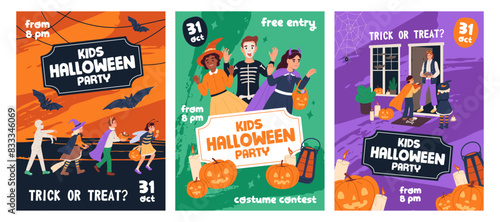 Advertising event posters of Halloween party, masquerade set. Kids, children in carnival costumes visit neighbors for trick or treat. Promotion of Helloween celebration. Flat vector illustrations