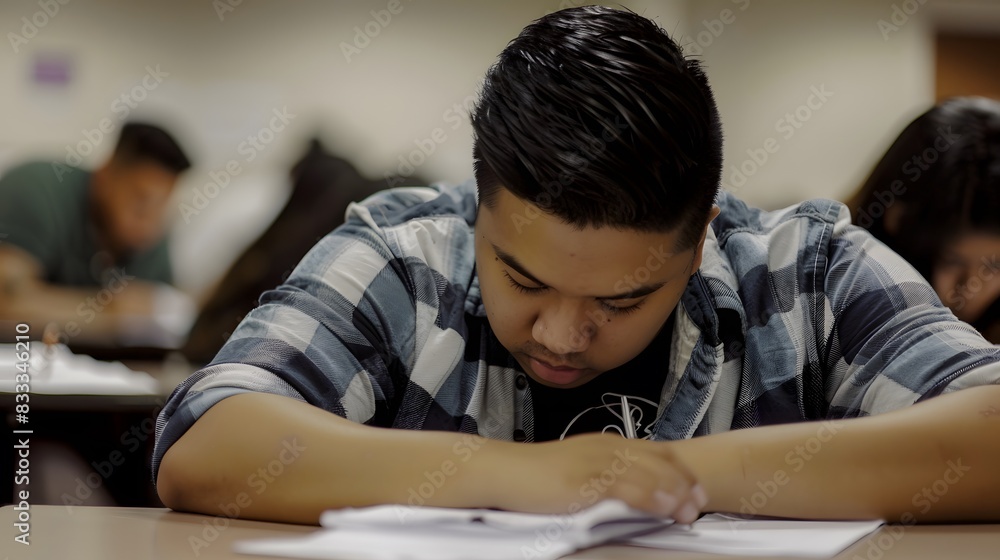 A male student immersed in study, focused on his textbook during a class session, with other students blurred in the background. A male student immersed in study, focused on his textbook during a class session, with other students blurred in the background.