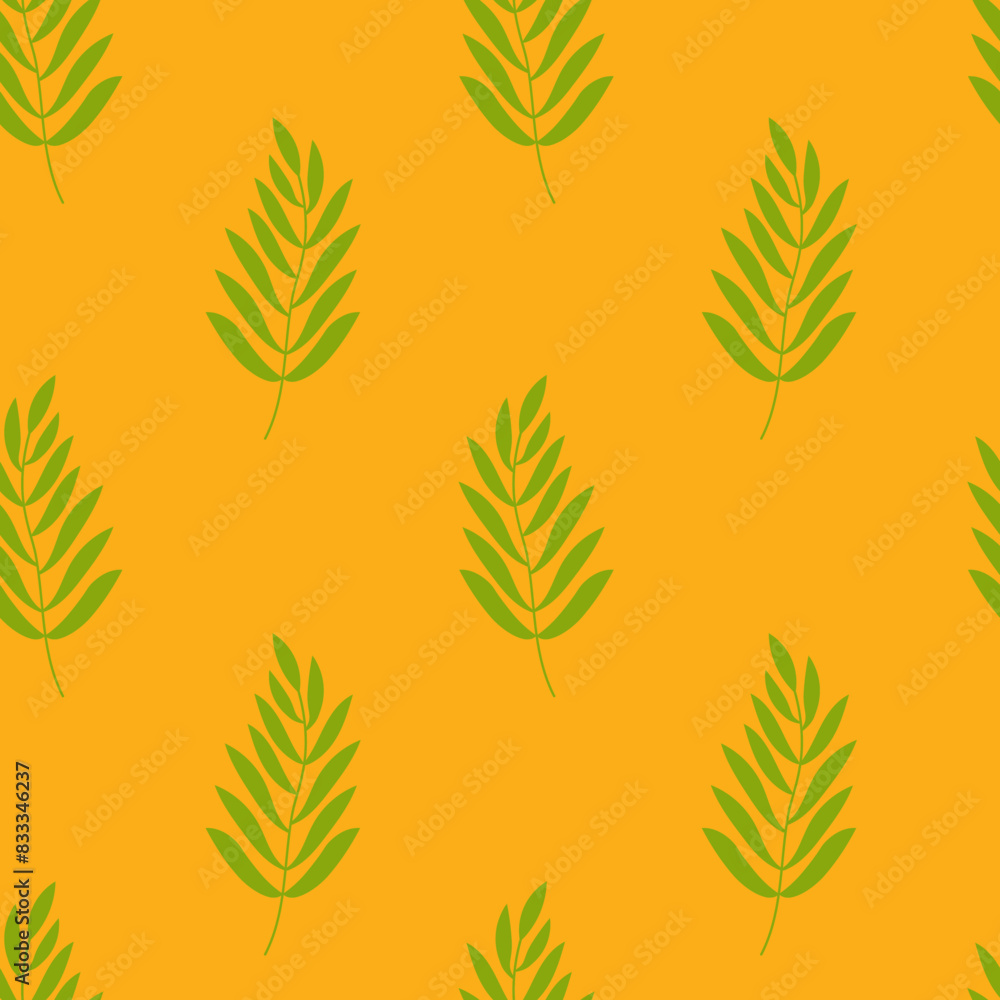 Palm Leaf Seamless Pattern. Bright yellow tropical background with green branch. Minimal exotic design. Repeat vector illustration Palm Leaf Seamless Pattern. Bright yellow tropical background with green branch. Minimal exotic design. Repeat vector illustration