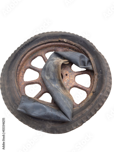 Rusty 1930s Car Wheel With Old Tyre and Tube on transparent background 