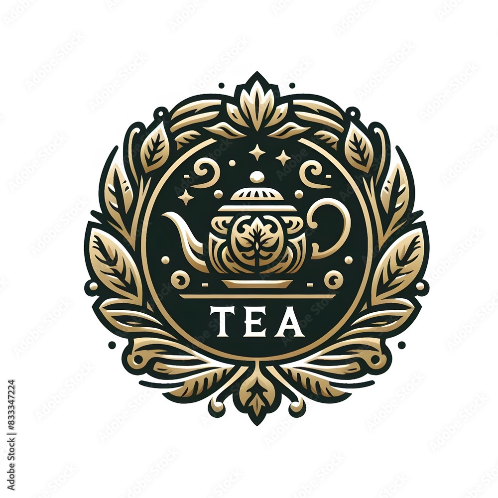 Obraz premium AI Generate of Luxury Cup of Tea, Tea Pot, Tea Leaf, Logo Concept Stock Vector with Dark Background