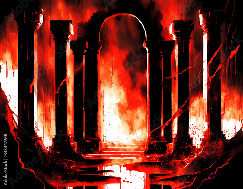 illustration of the gates of hell with lava and fire