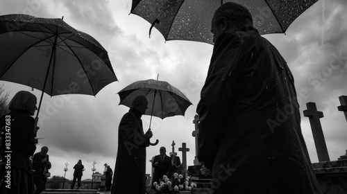 Honoring the Departed: Mourners with Umbrellas Gather at Milan's Monumental Cemetery Under the Rain for a Modest Funeral Ceremony. B&W photo
