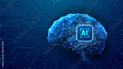 Digital AI chip integral into abstract technology brain on dark blue background. Circuit board tech bg. Low poly wireframe AI mind. Artificial Intelligence concept. Vector illustration with light neon (ID: 833347847)