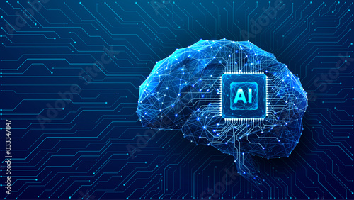 Digital AI chip integral into abstract technology brain on dark blue background. Circuit board tech bg. Low poly wireframe AI mind. Artificial Intelligence concept. Vector illustration with light neon
