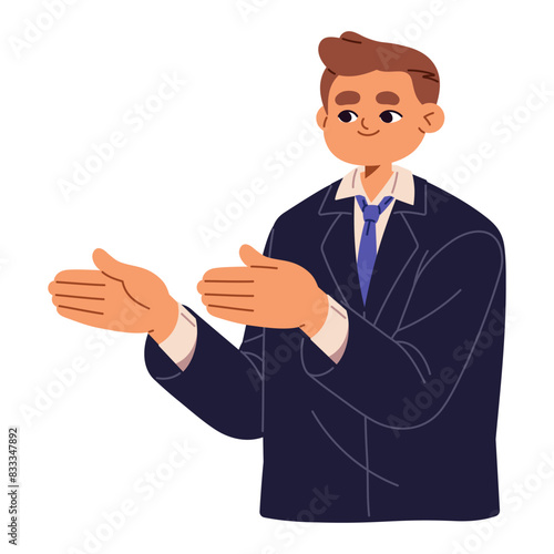 Cute boy in formal suit with tie gesturing, indicates direction of movement. Happy teenager shows path, way to goal, pointing to side with hands. Flat isolated vector illustration on white background