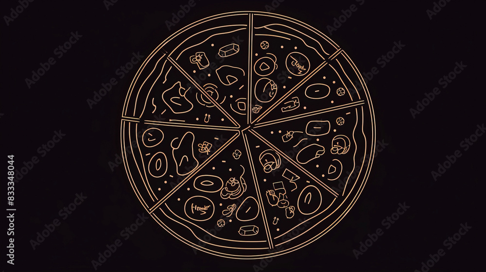 Pizza sliced, graphic contour illustration on a dark black background, isolate. AI generated. Pizza sliced, graphic contour illustration on a dark black background, isolate. AI generated.