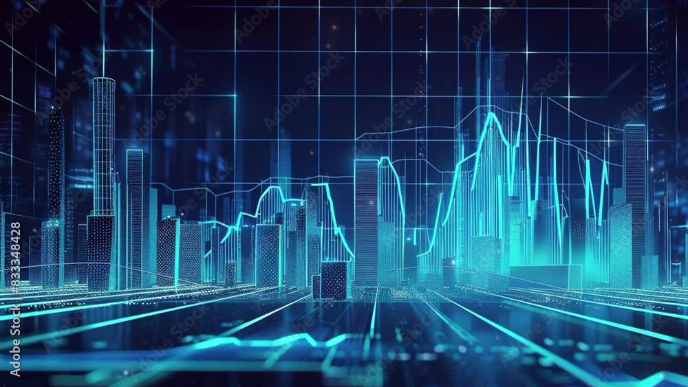 Financial profit and achieving goals. Motion graphics. 3d bar chart inclining upward with digital background with lines symbolizing economic growth. Financial graph imagery. Smart city futuristic. 4K Financial profit and achieving goals. Motion graphics. 3d bar chart inclining upward with digital background with lines symbolizing economic growth. Financial graph imagery. Smart city futuristic. 4K