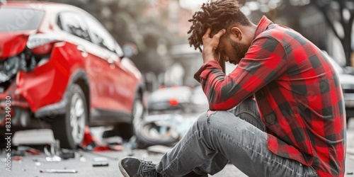 Man sitting next to wrecked car on roadside