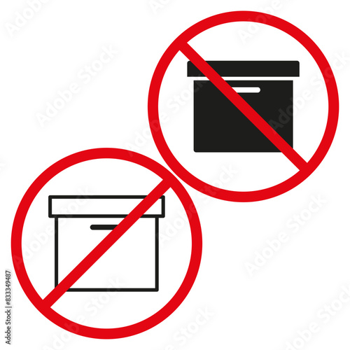 Prohibited storage box icons. No container allowed symbols. Ban on boxes sign. Red circle warning.