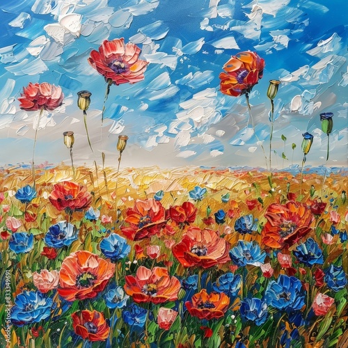 vibrant floral field with poppies and cornflowers