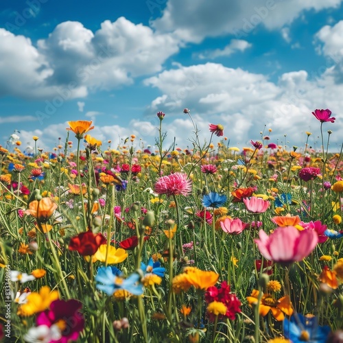 Vibrant wildflower meadow under a blue sky with clouds