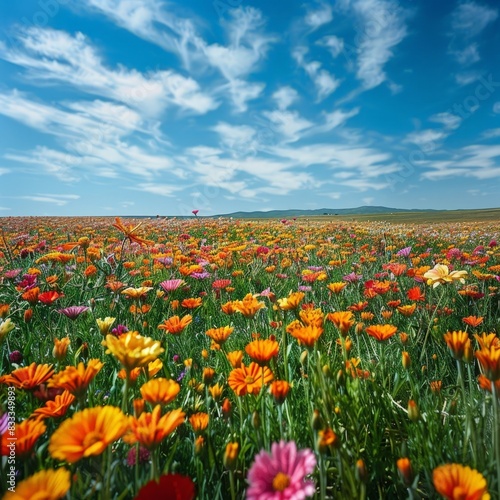 Vibrant wildflower meadow under a blue sky