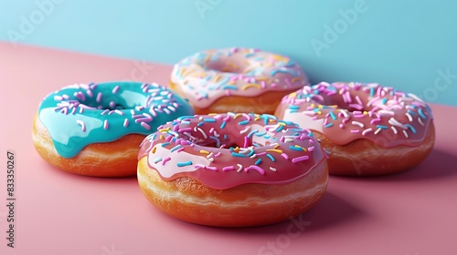 Delicious pink glazed doughnut with chocolate icing and colorful sprinkles on white background
