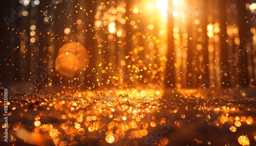 gold glitter, sparkling and shining with a bokeh effect blurred forest in the background