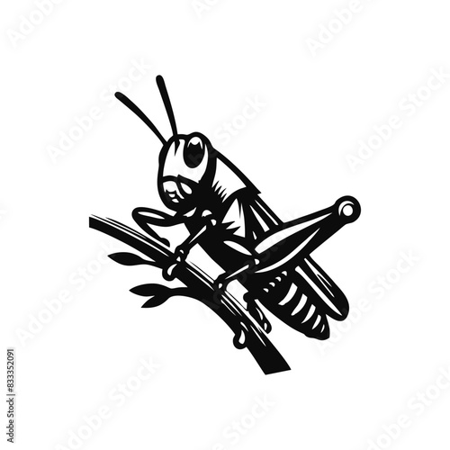 Grasshopper logo icon.grasshopper animal logo on a twig. black and white grasshopper logo design. logo template