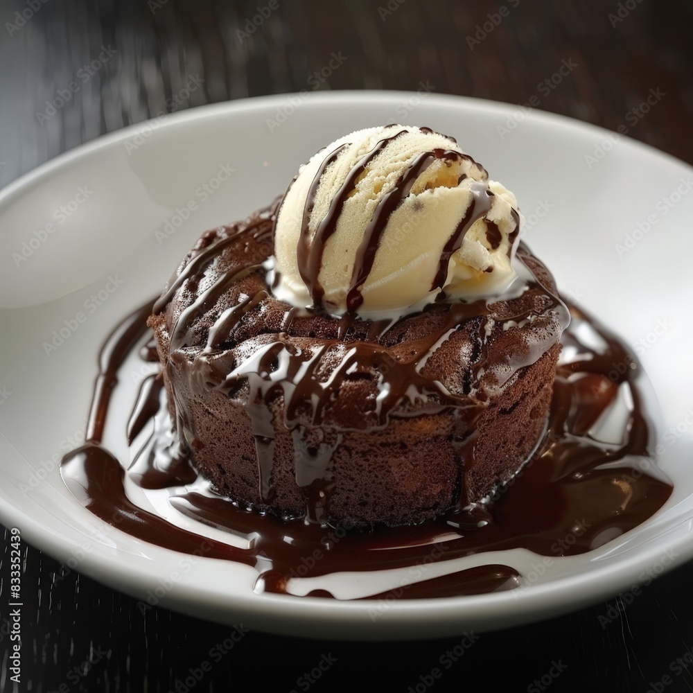 Decadent chocolate cake with ice cream and chocolate sauce Decadent chocolate cake with ice cream and chocolate sauce