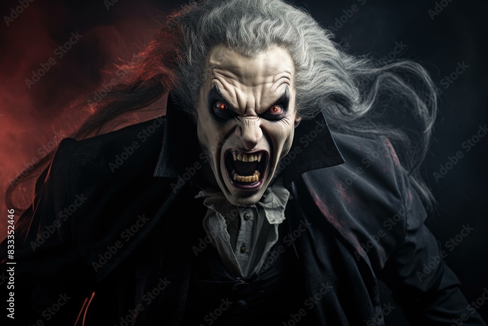 Spooky vampire with fangs sneering aggressively in a dark, misty environment Spooky vampire with fangs sneering aggressively in a dark, misty environment
