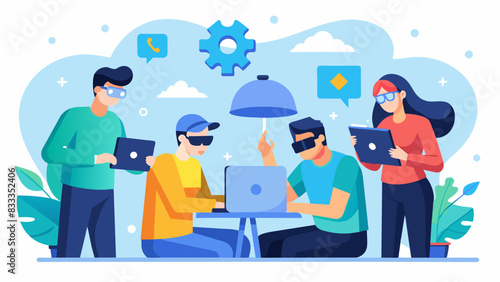 A VR group therapy session where members work together to solve puzzles and challenges promoting teamwork and communication skills.. Vector illustration