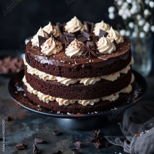 Decadent chocolate cake with creamy frosting