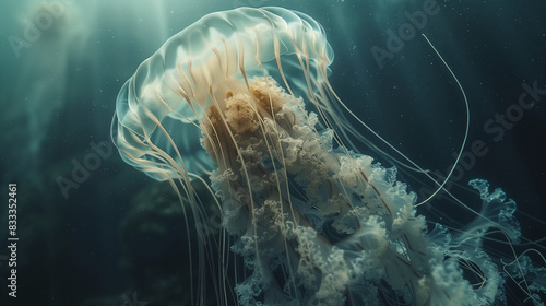 close-up of ethereal jellyfish underwater, tentacles trailing, glowing in the ocean, wide 16:9