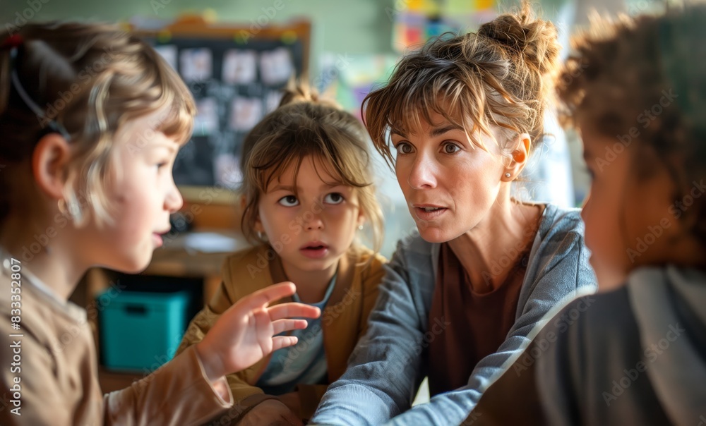 A teacher talking calmly to two children who are pointing at each other in an educational setting A teacher talking calmly to two children who are pointing at each other in an educational setting