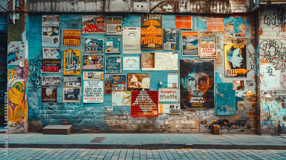 A weathered urban wall adorned with a diverse array of posters, flyers, and graffiti, reflecting a vibrant street culture. A weathered urban wall adorned with a diverse array of posters, flyers, and graffiti, reflecting a vibrant street culture.