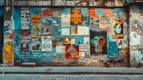 A weathered urban wall adorned with a diverse array of posters  flyers  and graffiti  reflecting a vibrant street culture.