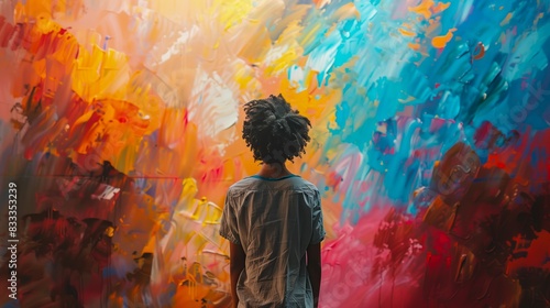 A Contemplative boy Amidst a Colorful Artistic Maelstrom, the vibrant chaos of an abstract painting.