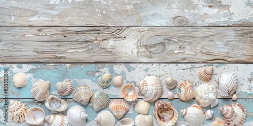 The feel of a summer beach, combining rustic, weathered beachwood with scattered seashells, in a palette of natural wood tones, sandy beiges, and soft sea blues background, ai generated