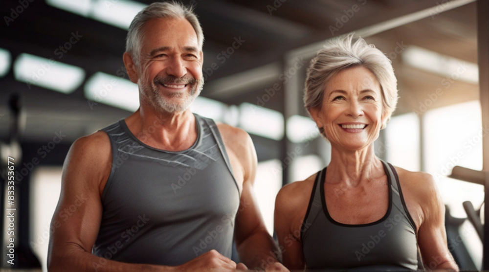 Older couple portrait before together training in gym Older couple portrait before together training in gym