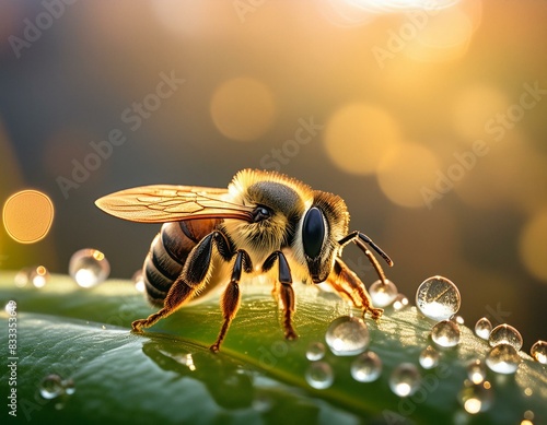Une image détaillée et vibrante d’une abeille, sur une feuille