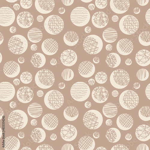 Vector seamless pattern of round geometric shapes. Simple texture of hand drawn curves, lines, spirals. Contemporary trend illustration. Doodle abstract background, wallpaper. Original concept design