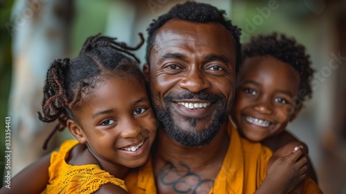 masculine military man smiling and hugging his family  photo