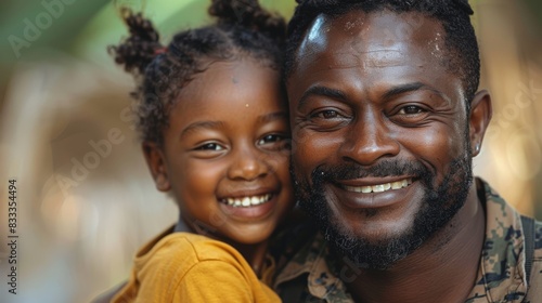 masculine military man smiling and hugging his daughter photo