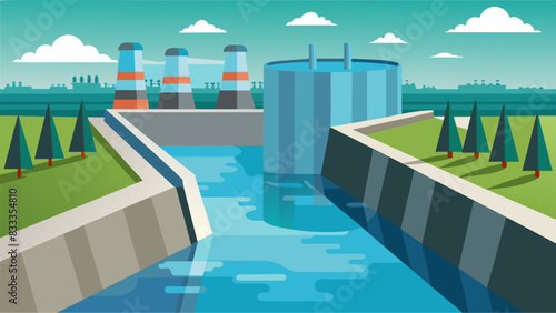 Thick concrete barriers separate the shimmering pond from the bustling nuclear power plant its surface disturbed only by the occasional cooling system. Vector illustration