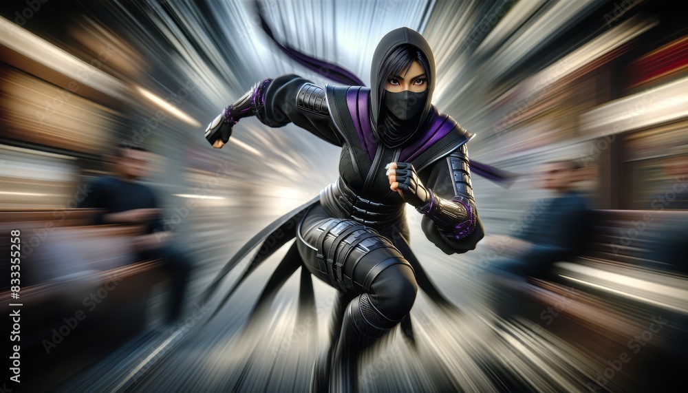 Dynamic image of a masked ninja running at high speed, embodying stealth, agility, and precision in a bustling urban environment. Dynamic image of a masked ninja running at high speed, embodying stealth, agility, and precision in a bustling urban environment.