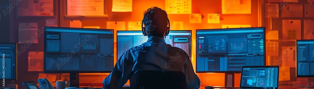 3D figure at a desk with multiple screens and documents, under a focused light 3D figure at a desk with multiple screens and documents, under a focused light