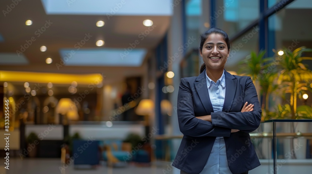 Fototapeta premium A smiling Indian female hotel manager wearing business attire and standing in front of the lobby