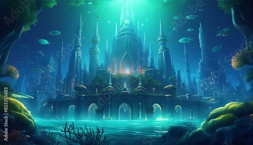  A mysterious underwater city with towering spires and intricate architecture, partially © Jay Kat.