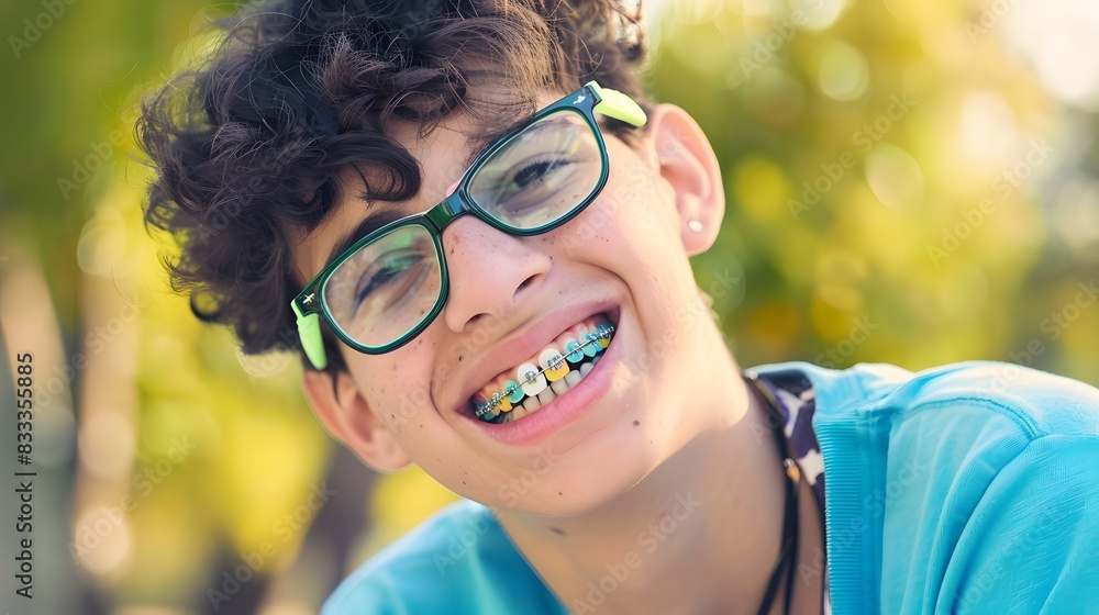 Smiling teenage boy with colorful braces and glasses enjoying a sunny day outdoors. Smiling teenage boy with colorful braces and glasses enjoying a sunny day outdoors.