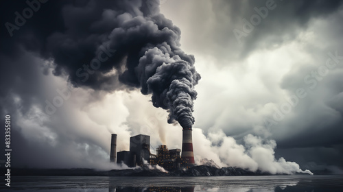 Air pollution. Chimney billows gray black smoke ignoring global warming, air pollution photo