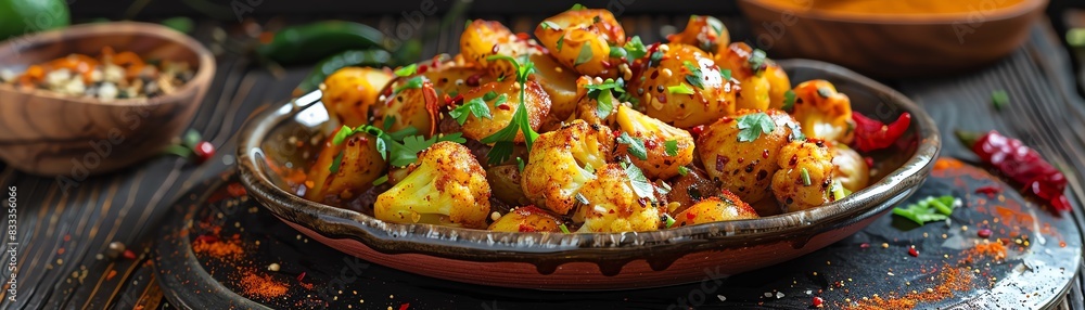 Aloo gobi, spiced potatoes and cauliflower, served on a rustic plate with a bustling Indian market backdrop Aloo gobi, spiced potatoes and cauliflower, served on a rustic plate with a bustling Indian market backdrop
