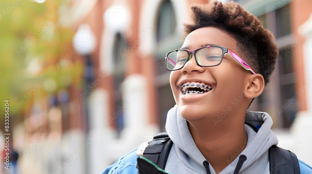 Obraz premium A cheerful teenage boy with glasses and braces, smiling and laughing outdoors on a sunny day, wearing casual clothing and a backpack.