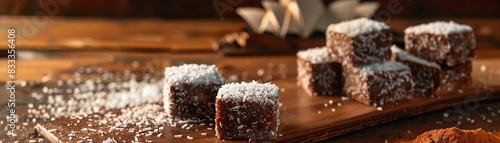 Australian lamingtons, sponge cake squares coated in chocolate and coconut, served on a wooden board with a backdrop of the Sydney Opera House photo