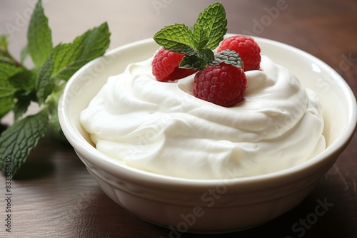 Creamy greek yogurt topped with vibrant raspberries and green mint leaves in a white bowl