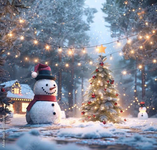 Celebrate Christmas in a beautifully decorated snowy pine forest. generative ai art