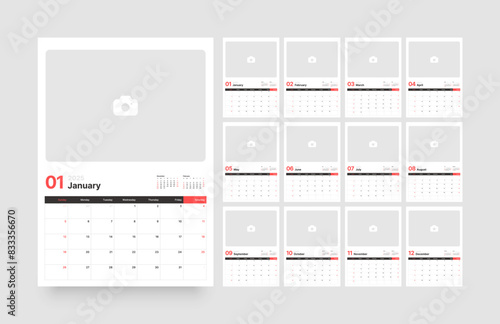 Monthly calendar template for 2025 year. Wall or desk calendar in a minimalist style. With a place for photos. Diary planner for 2025 year. Week Starts on Sunday. 
