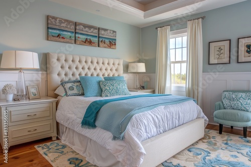 Beach Style Bedroom with Light Blue Accents.