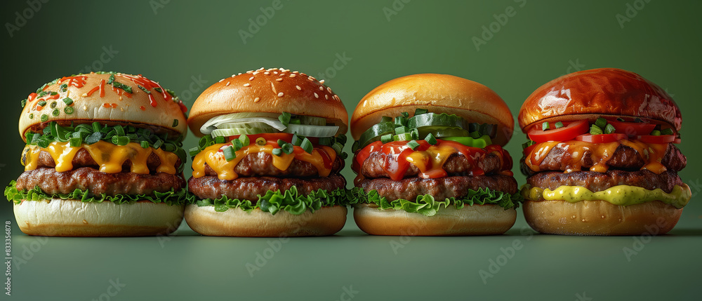 4 fresh and tasty hamburgers on green background